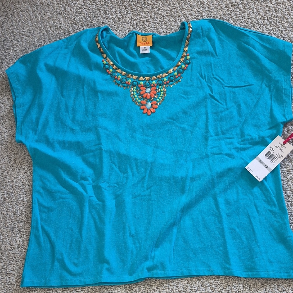 Ruby Rd. Turquoise Blouse with Orange Embellishments